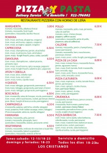 menù pizzeria PIZZA Y PASTA_Los Cristianos