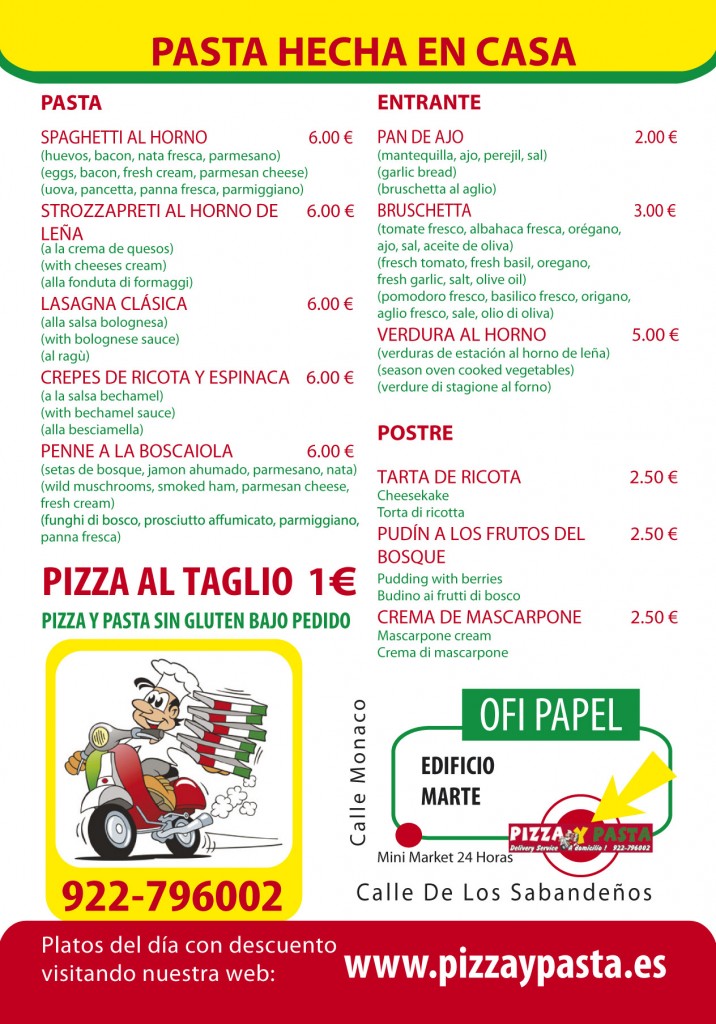 Los Cristianos - PIZZA Y PASTA menù